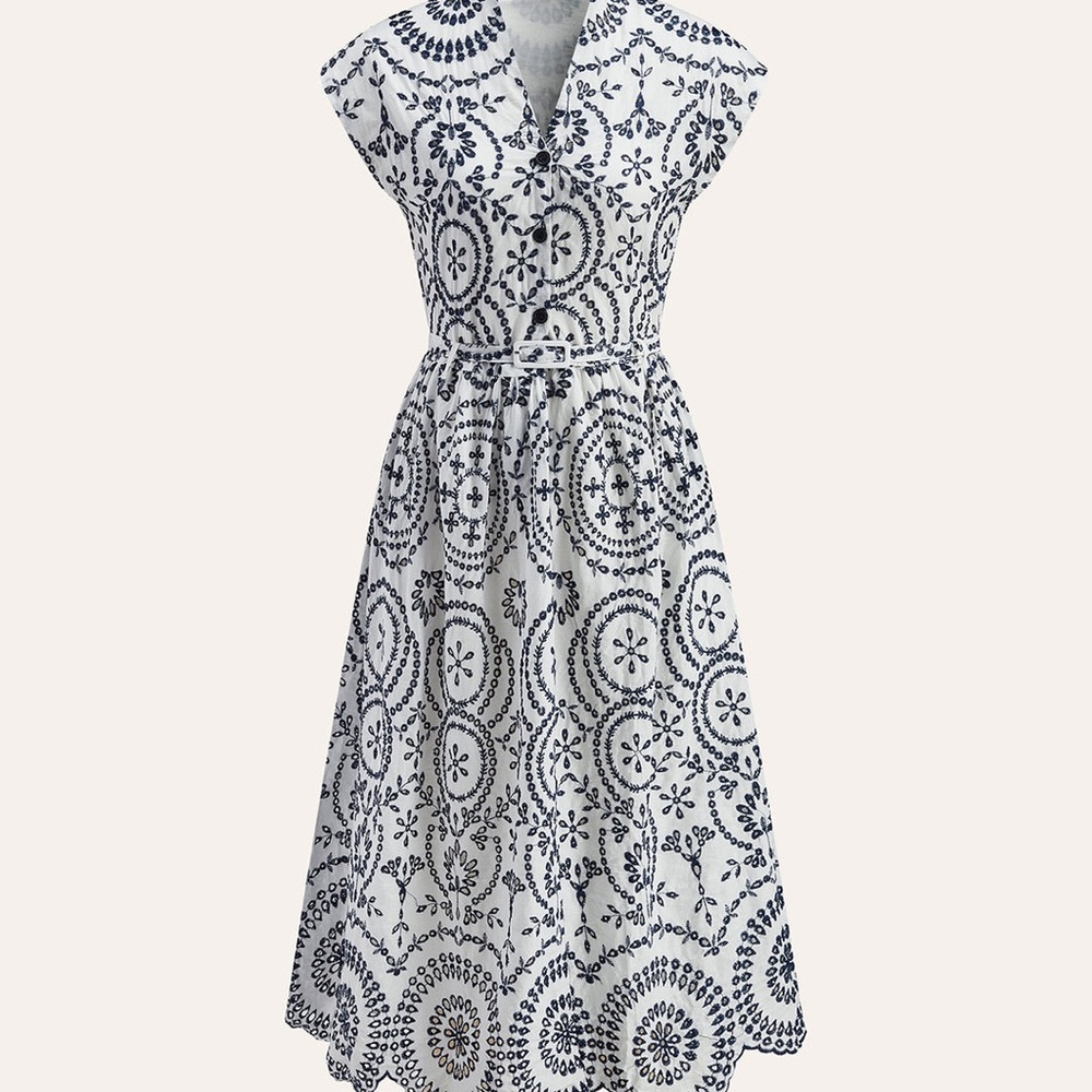 Commense $108 Elegant Navy and White Patterned Dress